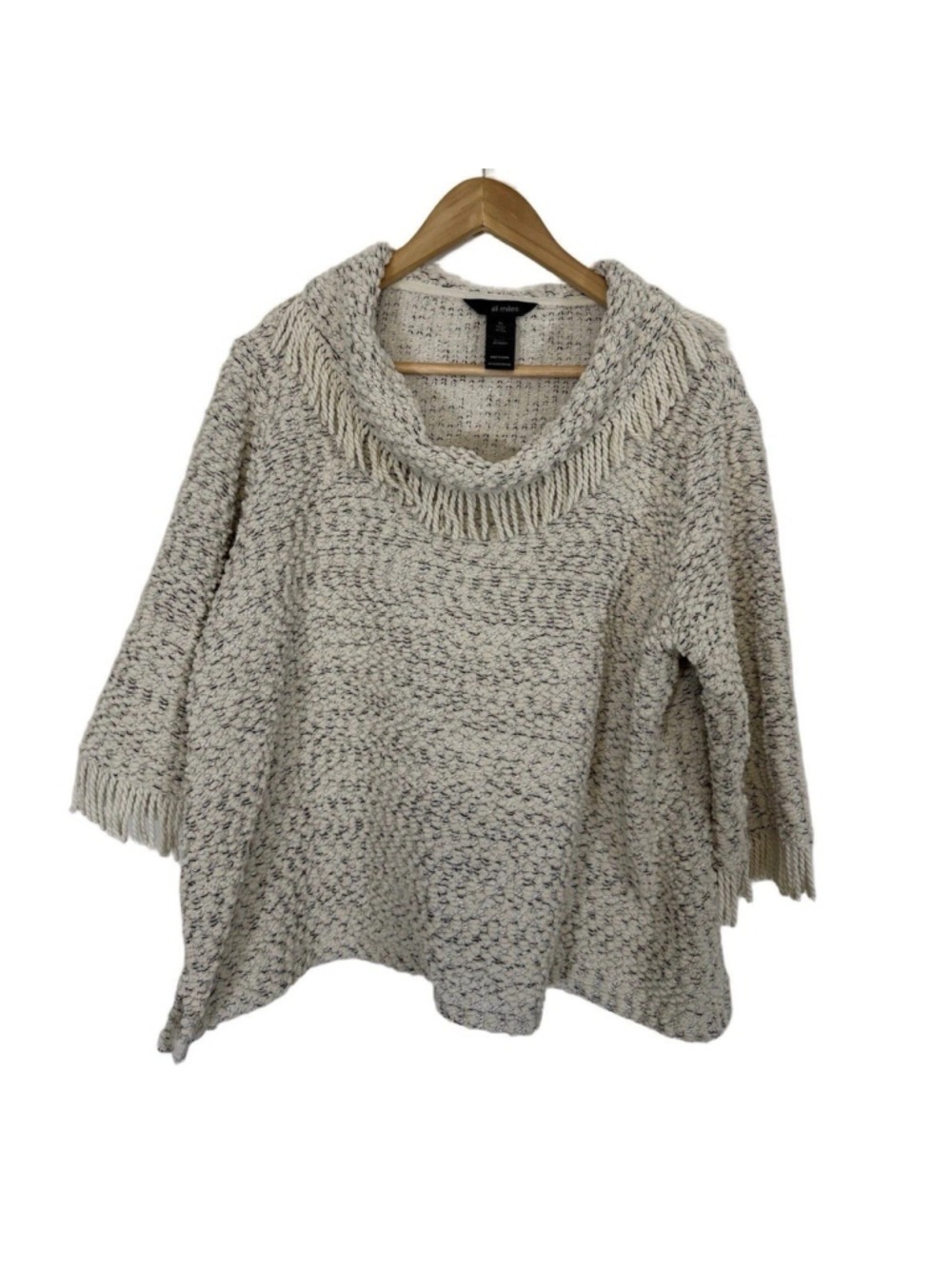 Ali Miles Bohemian Cowl Neck Fringe Sweater XL Ivory Marled Knit Flecked Neutral